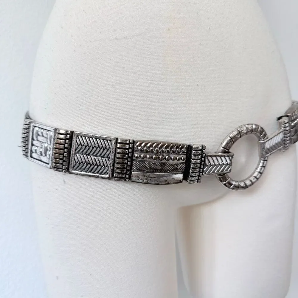 Chicos Western Black Leather Circle Belt Concho Hammered Metal Round Medium